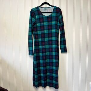 Lands End Plaid Cotton Dress M 10-12 Long Sleeve Midi Casual Fall Tartan